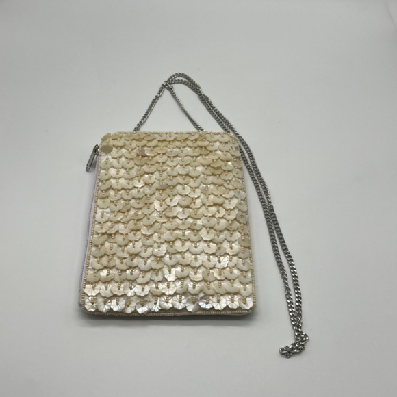 Faux Capiz Shell Beaded Ivory Satin Evening Clutch Crossbody with Chain Strap - Picture 8 of 8